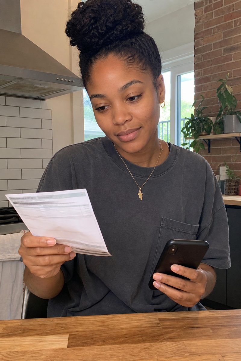 Personne à la maison avec une facture et son téléphone